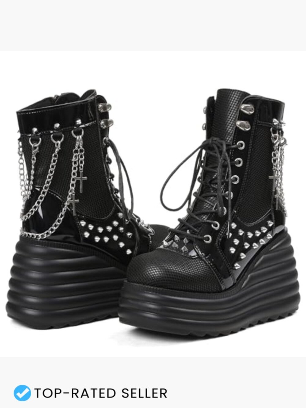 Gothic Ankle Boots Platform Combat Boots Punk Chains Studs Lace Up Wedge - Picture 4 of 7